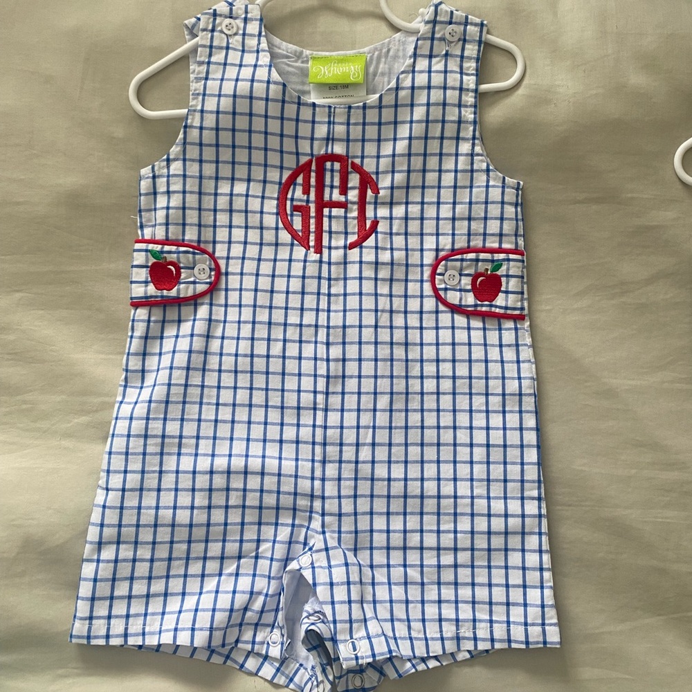 Blue checked shortall with apples